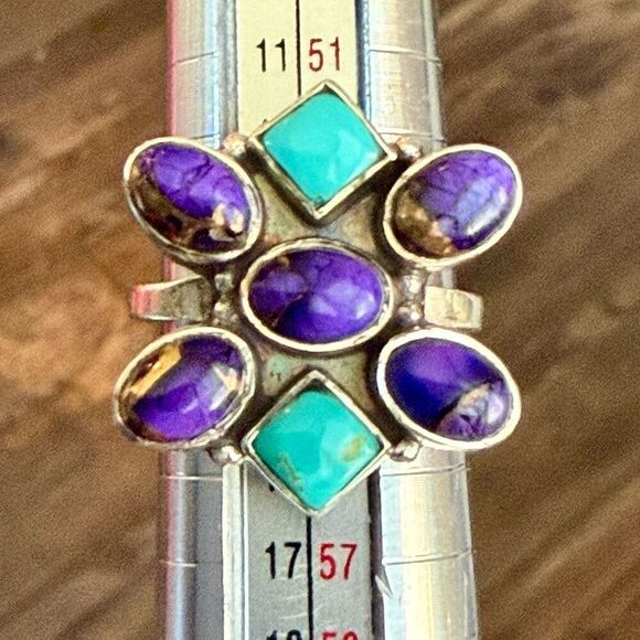 Unique Kingman & Purple Mojave Turquoise Cluster Stone Floral Ring Size 7 New - Picture 2 of 6